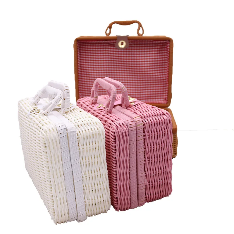 Cosmetic organizer Rattan suitcase Vintage rattan suitcase with hand gift solid PP woven rattan storage box