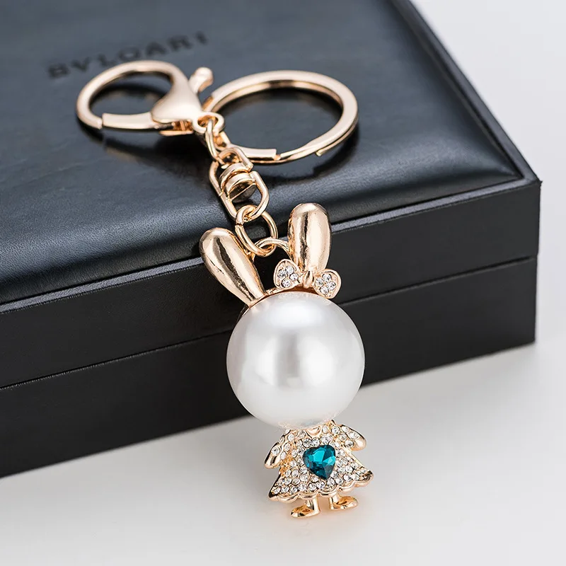 New Fashion Cute Creative Crystal Animal Pearl Bag Buckle Accessories Car Pendant Metal Key Chain