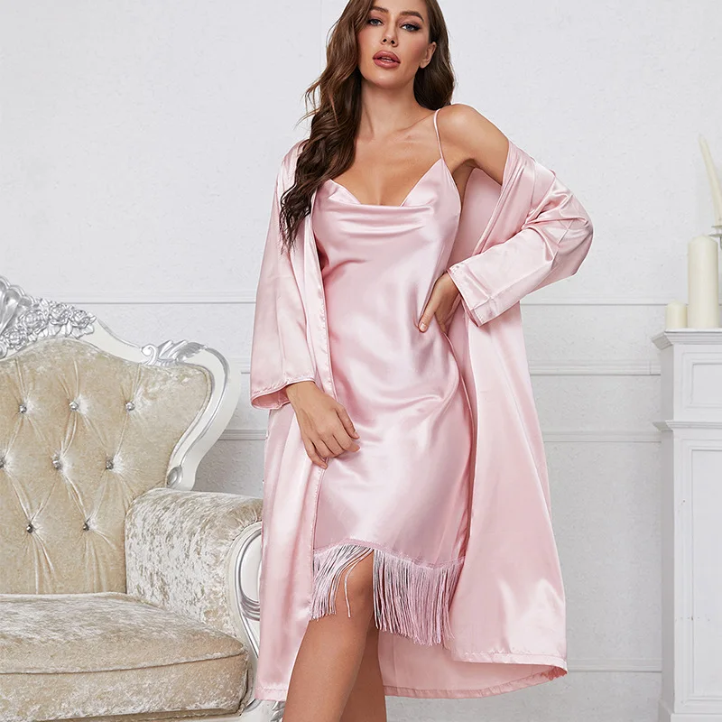 Private label Two piece set sexy women Satin silk Robe set Luxury long sleeve silk nightwear night gown