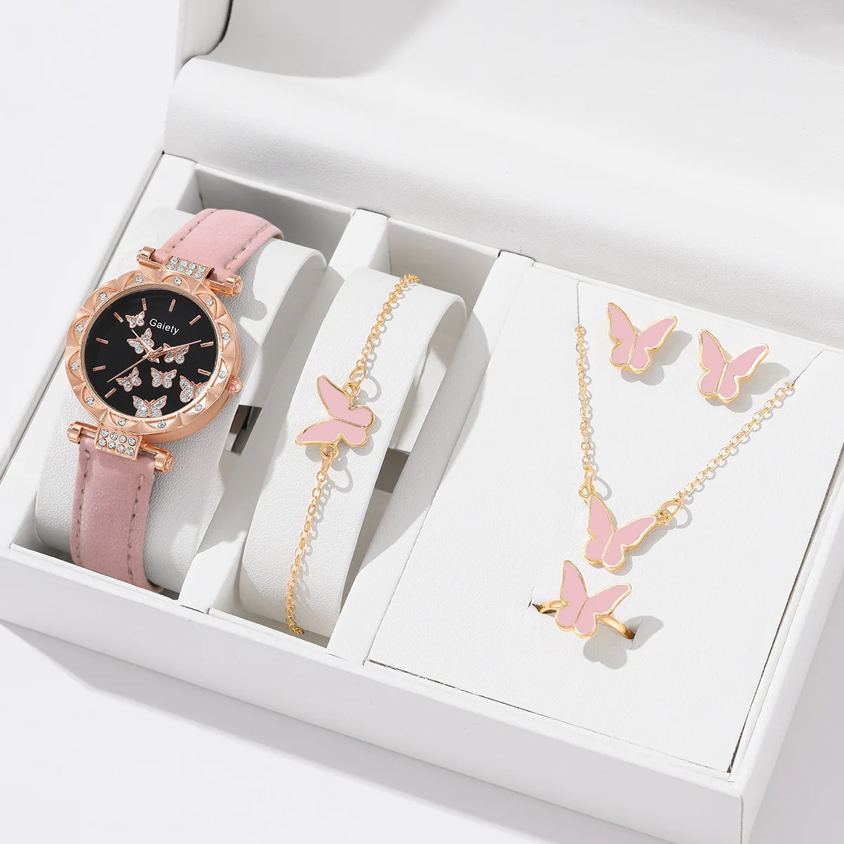 women watch set Luxury Watch Woman Ring Necklace Earrings Bracelet Set Women Watches Gift set Butterfly Leather wristwatches