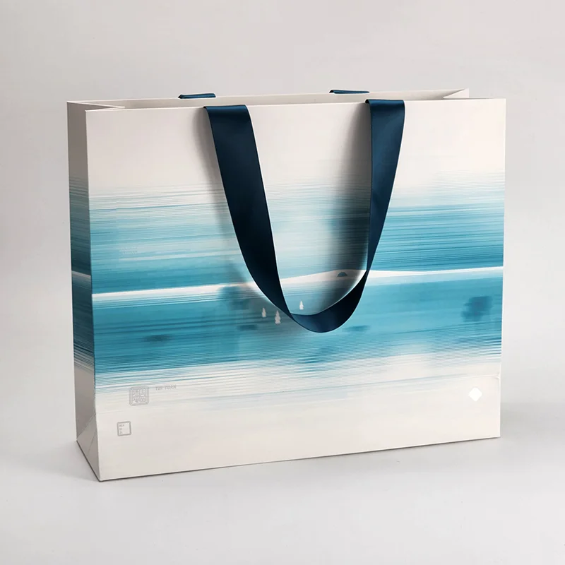 Custom Logo Horizontal Paper Packaging Bags Gift Paper Bag for Jewelry with ribbon handle for boutiques