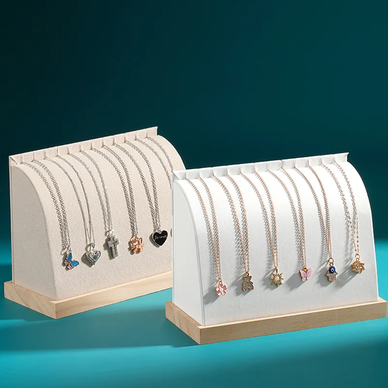 Arc-shape Jewellery Necklace Display White Pu Leather Bracelet Wooden Base Stand Cambered Pendant Chain Holder Display