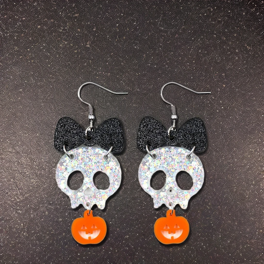 YYXER2541 New Bow Skull Pumpkin Acrylic Dangle Earrings Gold Plated Laser Cut Halloween Pearl Diamond Trendy Women Weddings