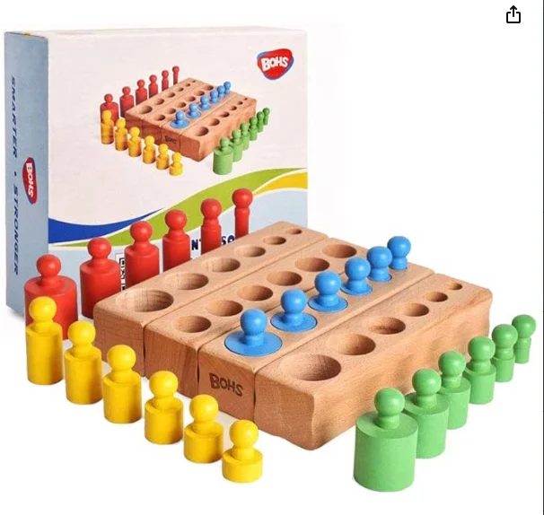 C02392 Montessori Knobbed Cylinders Blocks - 6 Pegs / 6.7 Inches - Colorful Wooden Early Home School Toys - 4pcs Set