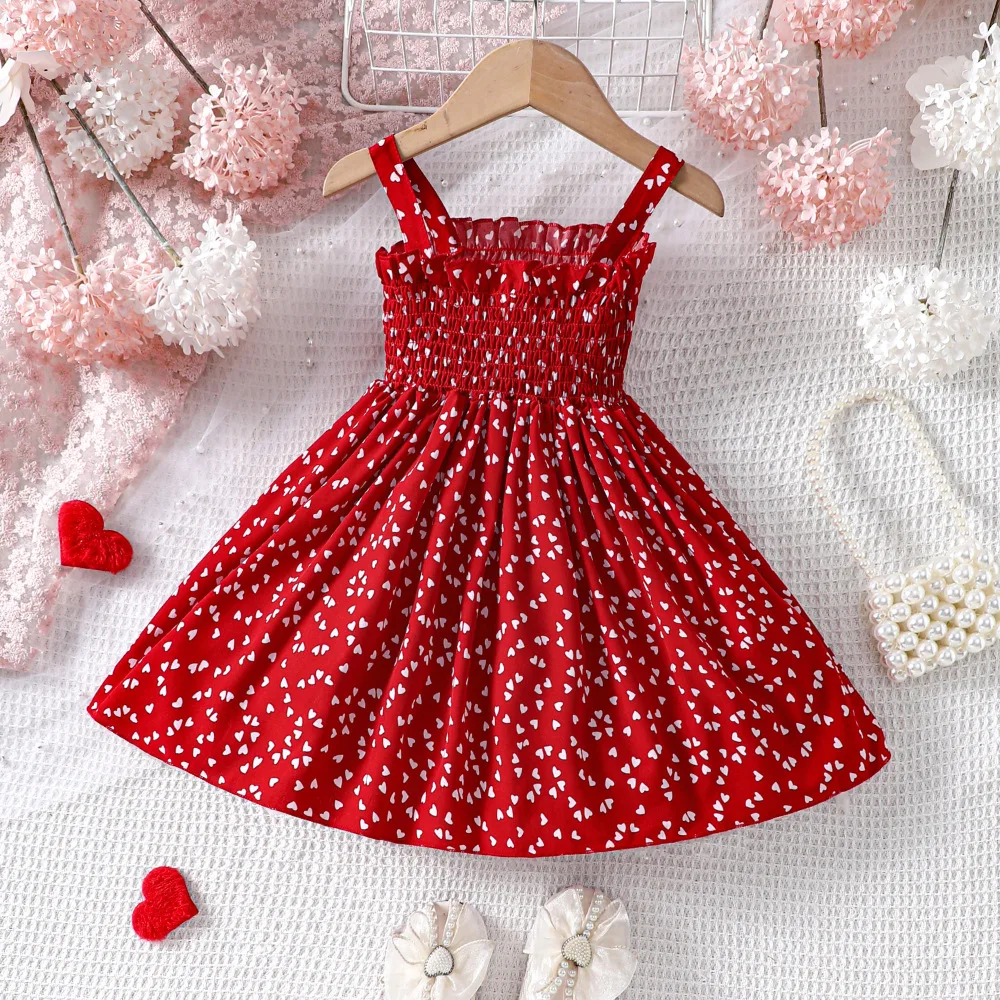New Product Kids Summer Clothes Fashion Halter Sleeves 100% Cotton Girls Red Love Print Dresses