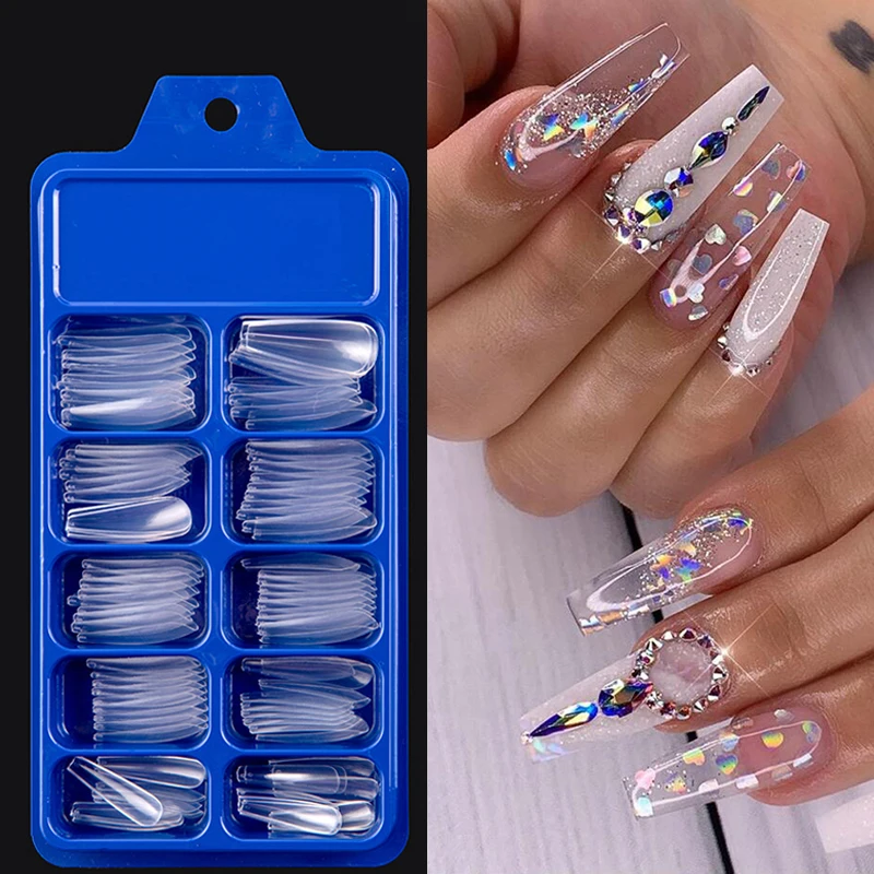 100 / Box Color Thin High Heels Coffin Nail Ballerina Full Cover Acrylic False Nail Heads Color Solid Performing Art False Nail