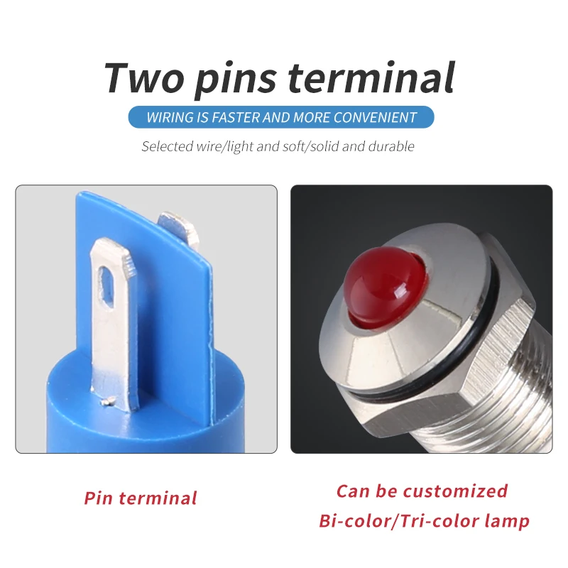 IP67 Pin terminal 8mm dia LED indicator lights Domed head stainless steel signal lamp