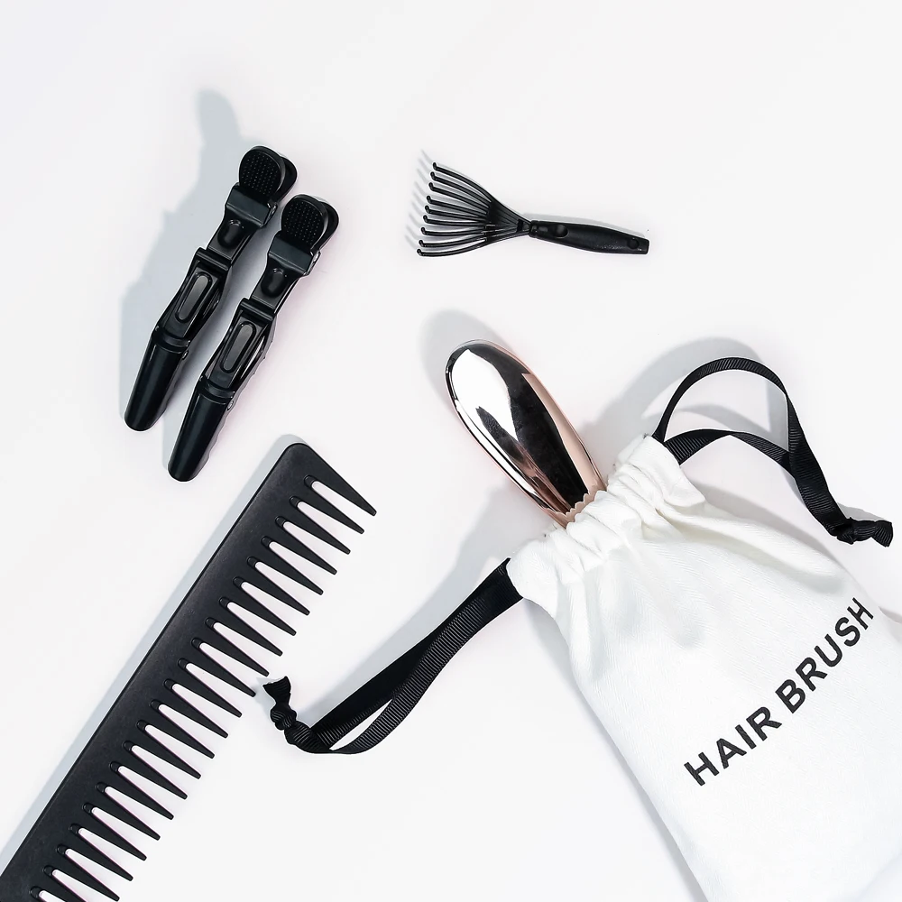 Amazing Hair Care Set Electroplating ABS Hair Brush Metal Pins Wide Tooth Comb Brush Cleaner and Clips