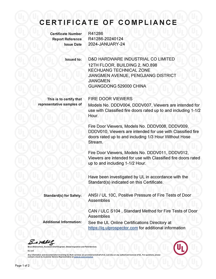 High Quality Competitive Price UL Fire Rated Brass Door Spy Eye Hole Viewer with Glass Len