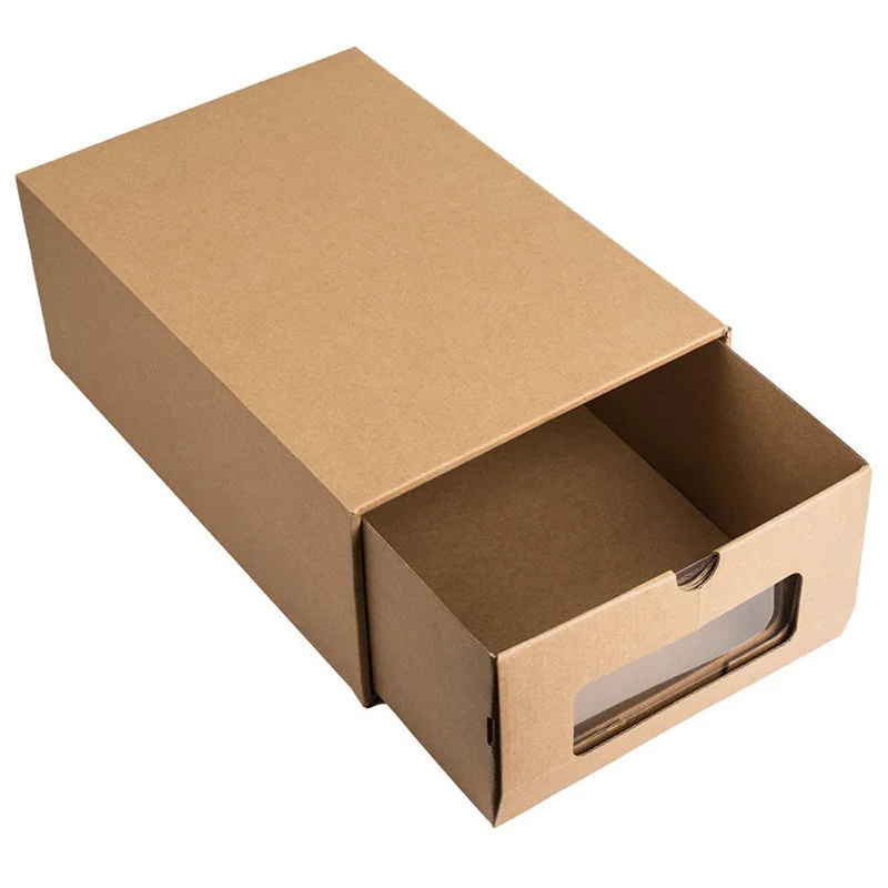 Wholesale Custom Packaging Storage Box Plain Kraft Paper Sliding Drawer Shoes Box With Clear Pvc Window