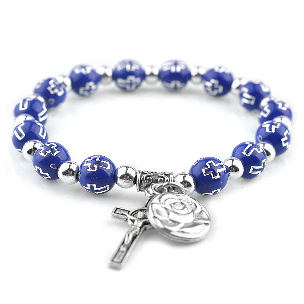 Multi-color Plastic Beads 8mm Cheap Cross Bracelets Strong  Elastic Rope Catholic Bracelets With Rose Medal