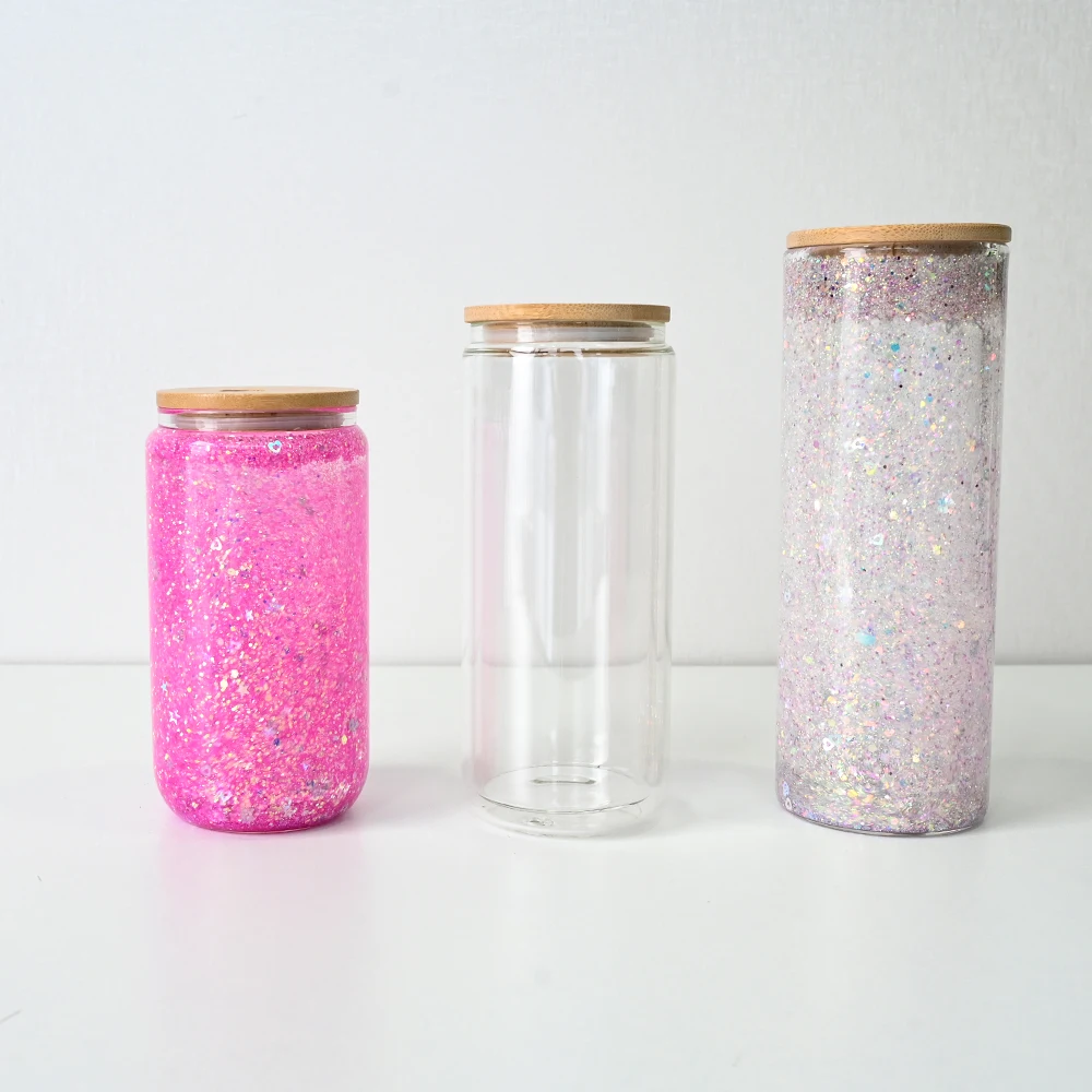 RTS 12oz 16oz 20oz Pre Drilled clear transparent beer cup can double walled blank snow globe glitter glass sublimation with lid