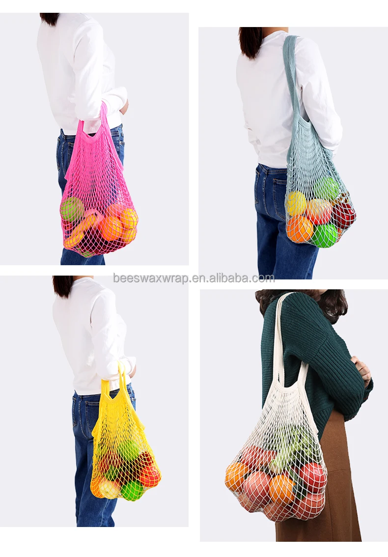 Long Handled  Eco Friendly Reusable  Organic 100% Cotton Mesh Shopping Bag