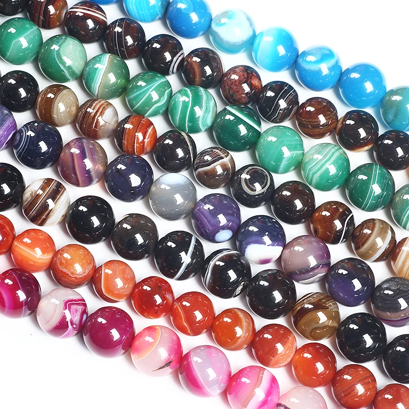 4-16mm Natural Onyx DIY Blue Green Red Yellow Purple Smooth Stripe Agate Beads For Jewelry Making