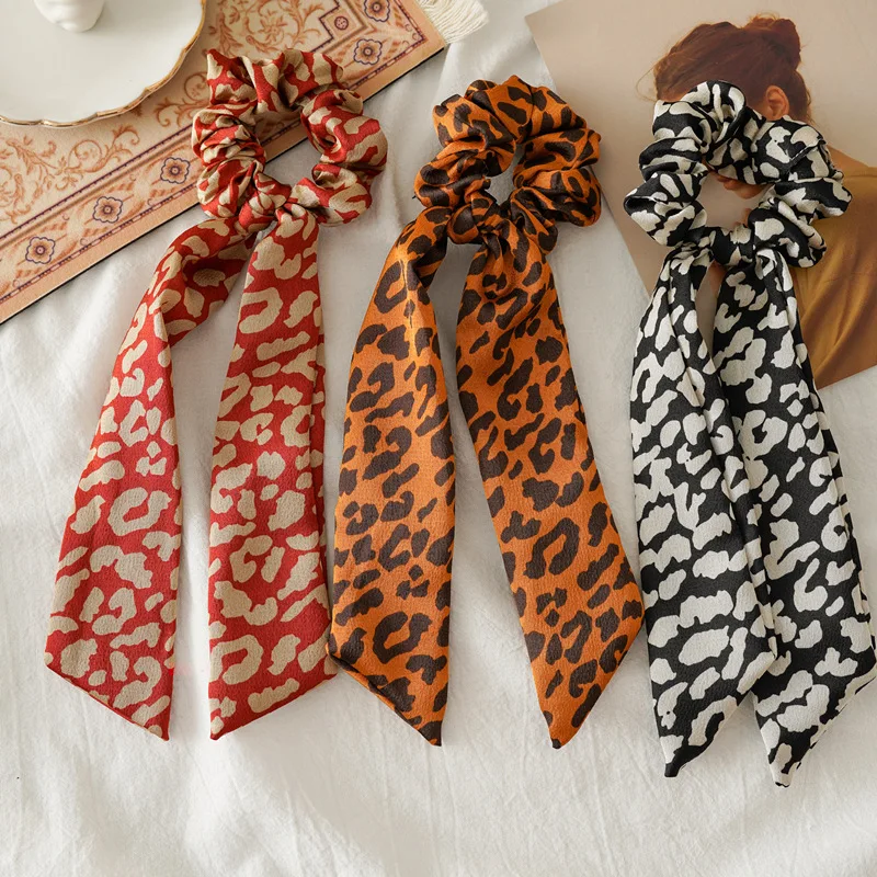 Fashion Hair Accessories Scrunchies Fabric Elastic Hair Band Cord Hair Ties Silk Satin Leopard Scarf Scrunchies For Women