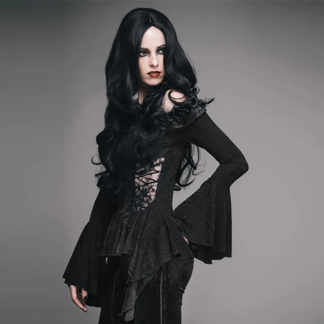 ETT002 Eva lady adjusted ribbons floral pattern flat shoulder flared sleeves sexy women lace up gothic t-shirts with flowers
