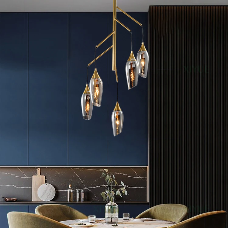 Factory Price European Style Kitchen Home Indoor Decorative Glass Iron Geometric High Ceiling Chandelier