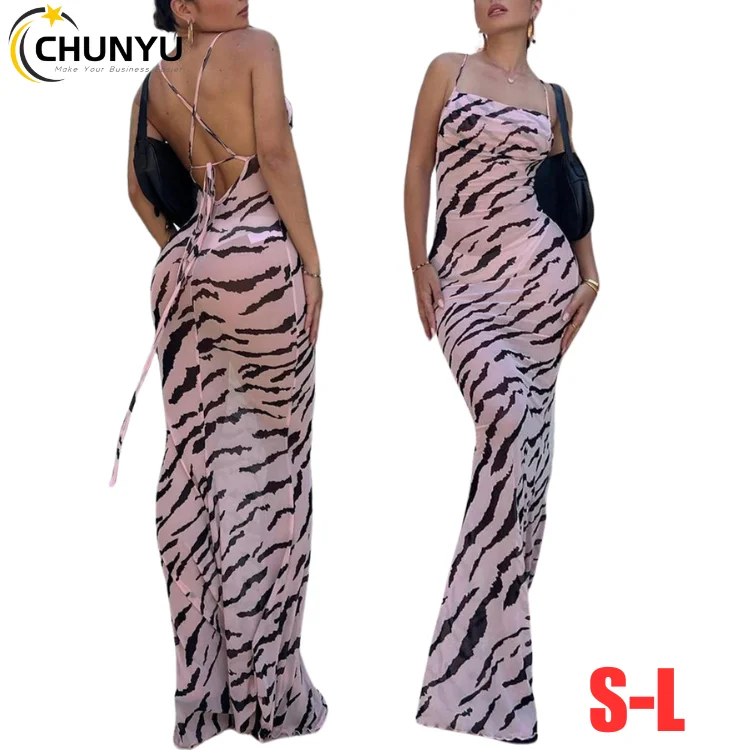 Summer Spaghetti Strap Lace Up Backless Pink Zebra Print Long Dress For Women See Through Mesh Beach Bodycon Maxi Dress