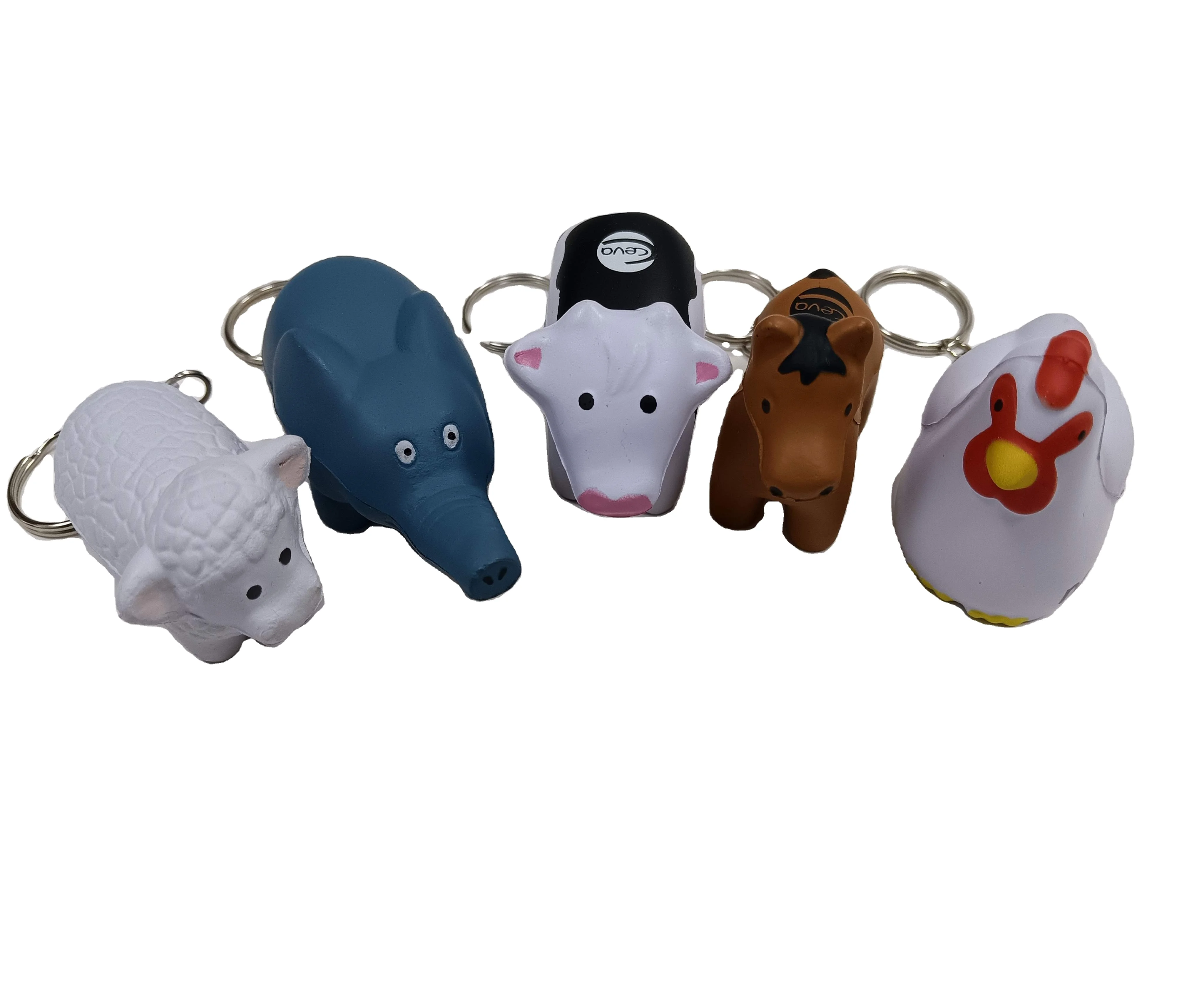 Custom Logo PU Foam Antistress Cock Horse Sheep Stress Reliever Keychain Cow Elephant Pig Stress Ball Keychain