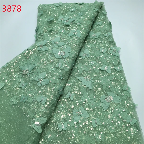 3878 Wholesale African 3D Applique French Lace Fabric With Sequins Embroidery Beaded Tulle Net Lace Fabric For Wedding Dress