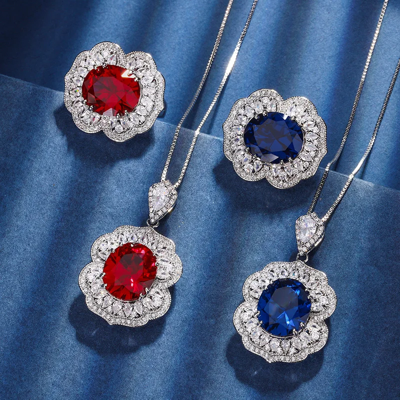 Wholesale Real Gemstone Set Round Ruby Necklace Ring Set Brass Jewelry Set For Women