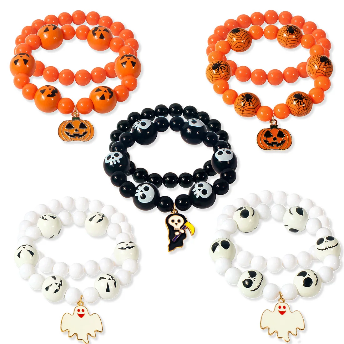 2pcs/set Gothic Halloween Bracelet Pumpkin Skull Witch Pendant Bracelet Decoration Fashion Wooden Jewelry Accessories Gift Set