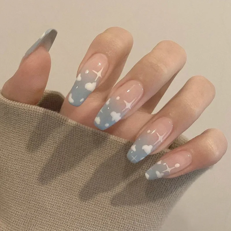 24 Pcs/Box Coffin Nail Tips With Jelly Glue Wave lines Blue and White Artificial Nail Tips False