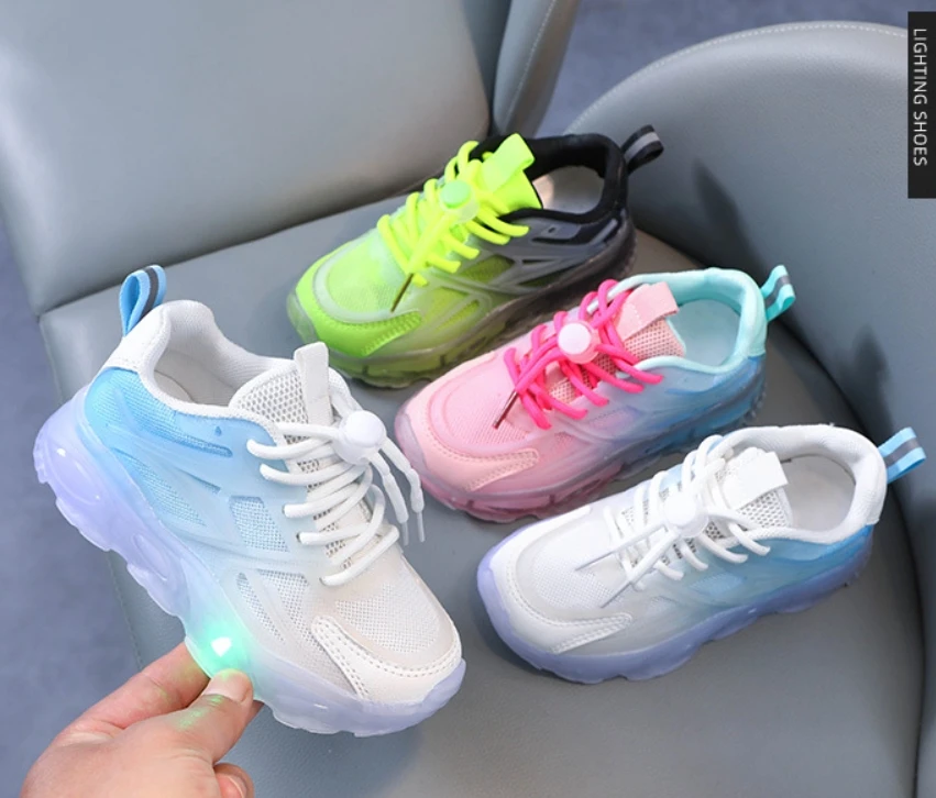 soft boys girls sneakers cheap sports shoes  Gradient design mesh surface breathable led light daddy shoes for kids wholesale