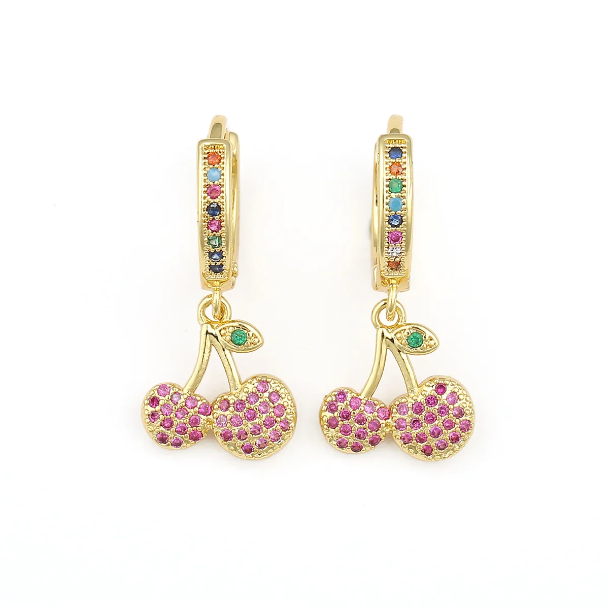 2021 New Hip Hop Jewelry 18k Gold Plated Dangle Earring Ice Out Cz Cubic Zirconia Colorful Cherry Drop Hoop