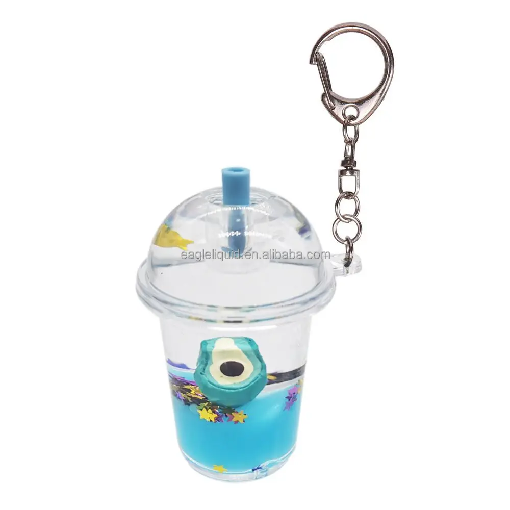 Wholesale acrylic keychains creative colorful floating fruit milk tea cup liquid acrylic shaker charm boba keychain