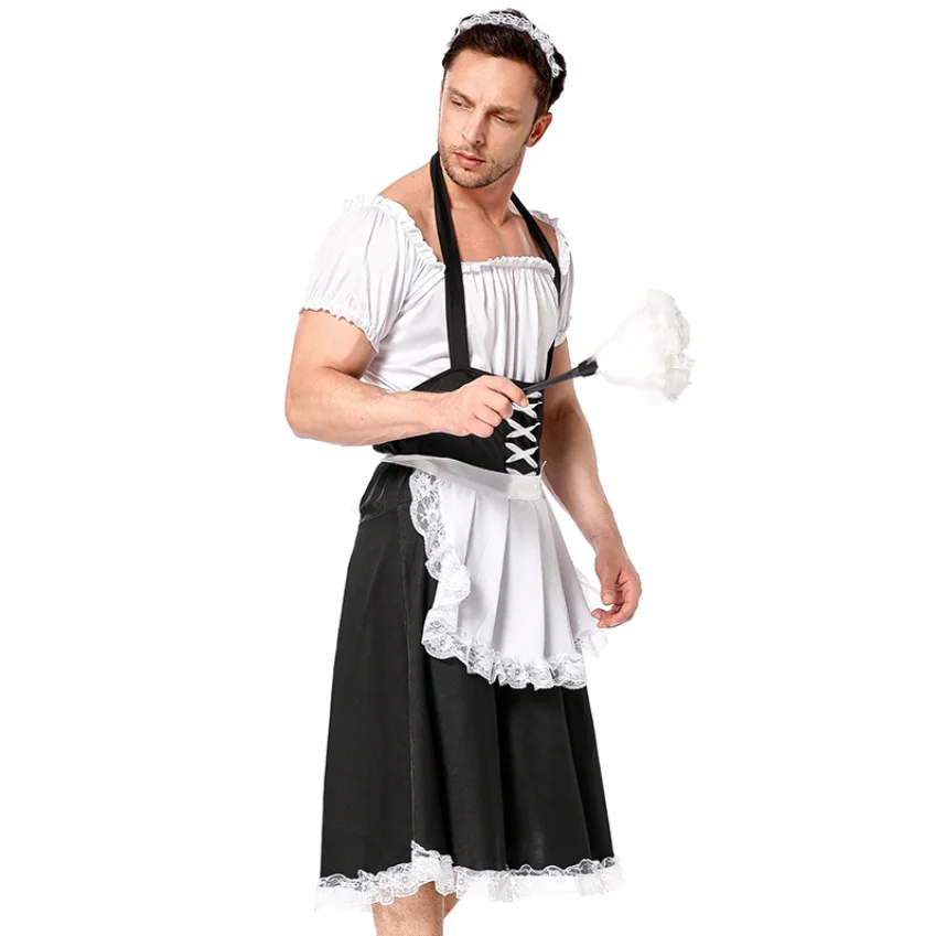 Japanese Anime Lolita Maid Apron Dress Men Women Maid Outfit Cosplay Kawaii Lace Ruffles Dress Men Cafe Costume