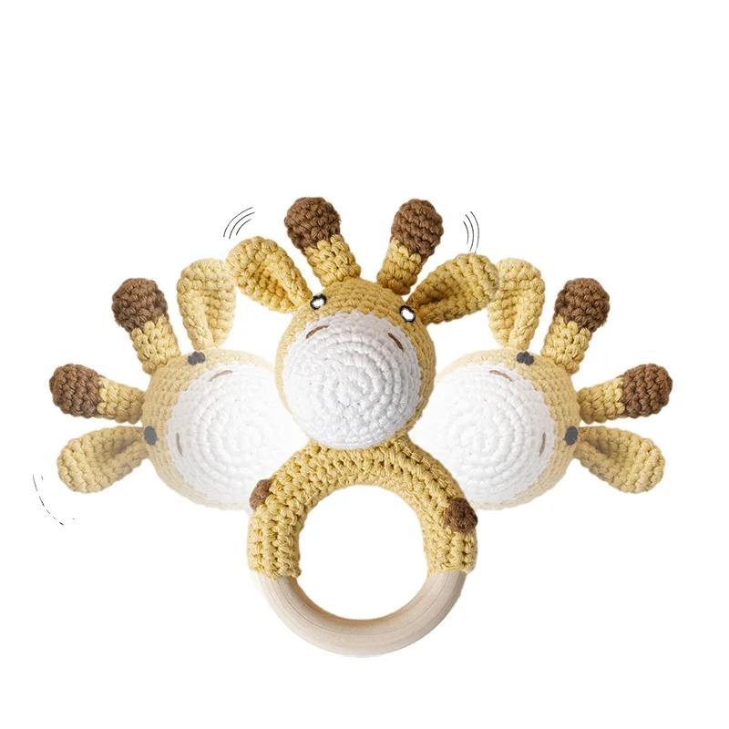 Add Logo Cute Animal Baby Rattles Crochet Bunny Rattle Toy Wood Ring Baby Teether Baby Gym Rattles Newborn Chewing Toy For Kids