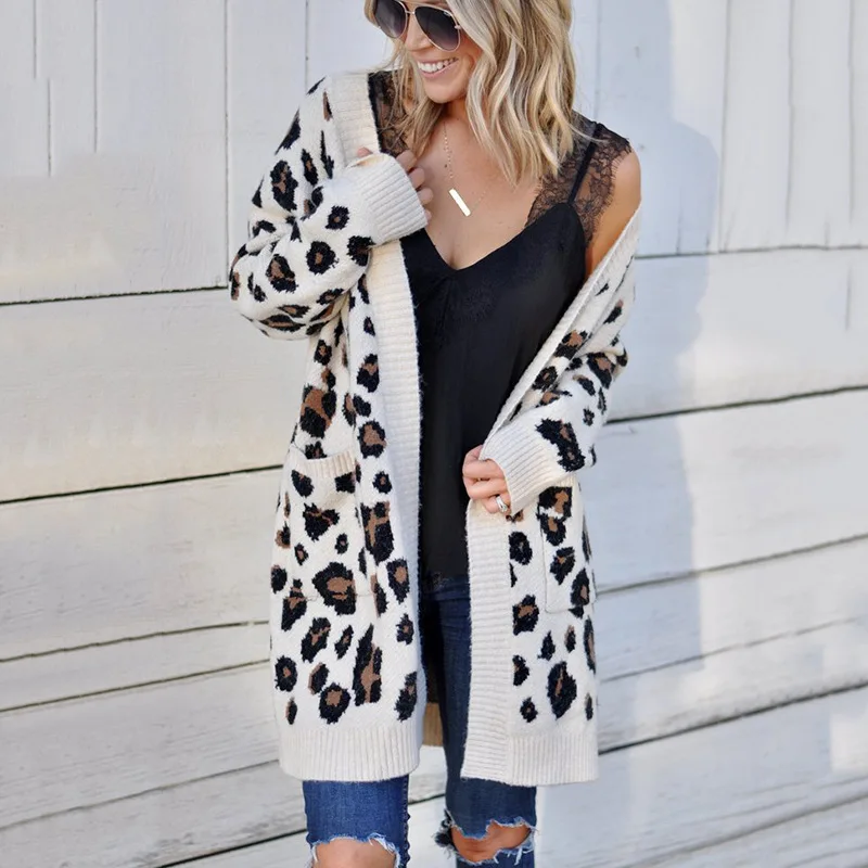 Fashion Leopard Lantern Sleeve Women Long Cardigan Sweater Fall Winter Knitted Casual Single Breasted Women Cardigan Sweater