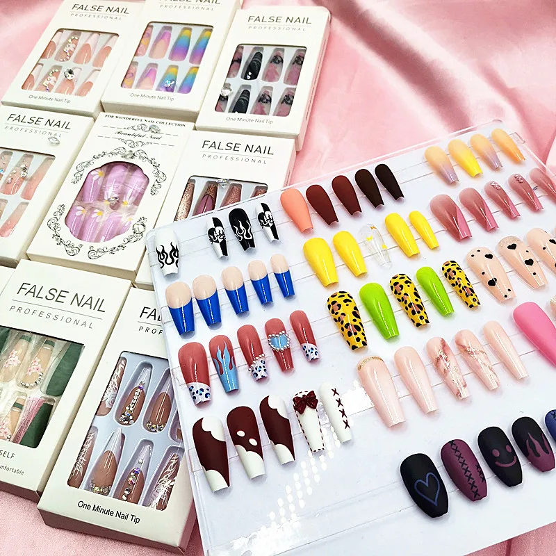 Wholesale 3D Nail Art Long Coffin Acrylic French Pre Design False Nails Tips Back Glue Press On Nail Tips Artificial Fingernails