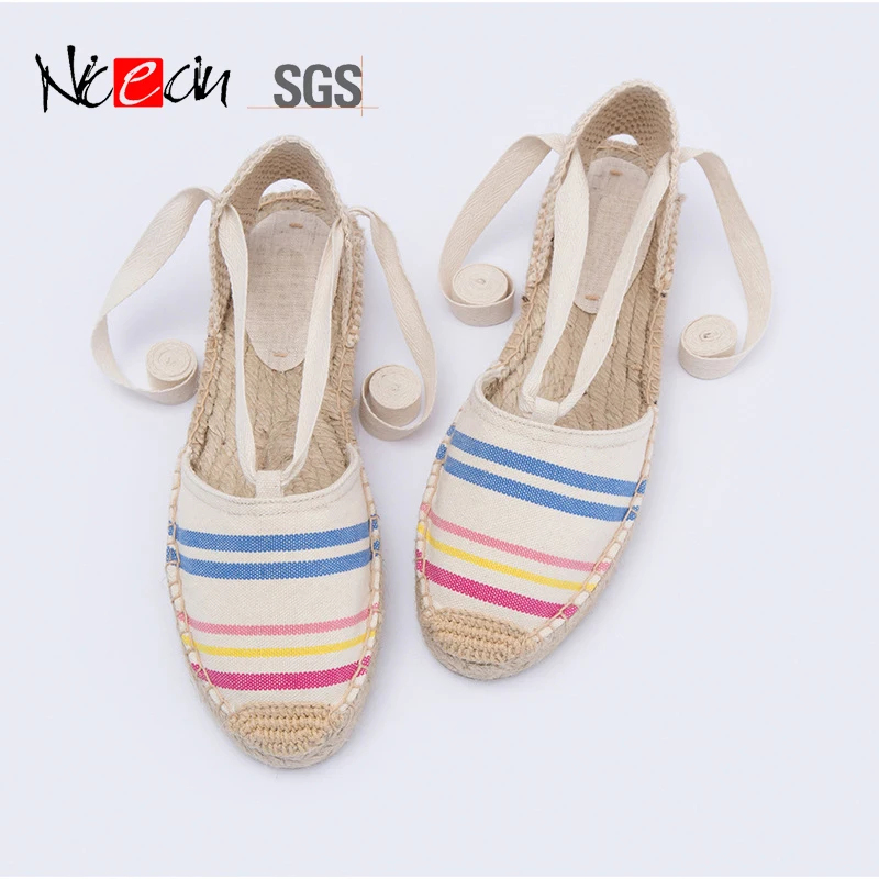 Custom stripe canvas casual ladies flat jute femmes sandals soles for platform espadrilles wedge womens