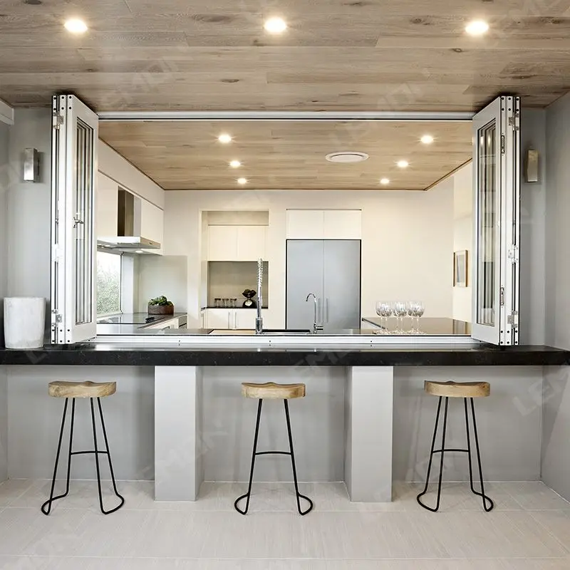 European House Large Bay Tempered Glass Aluminium Large Kitchen Accordion Folding Window Bar