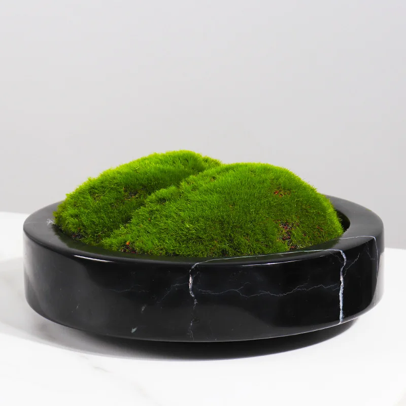 HZX Natural Marble Vase Travertine Stone Round Flower Plant Growing Pot Tray white black Home decoration