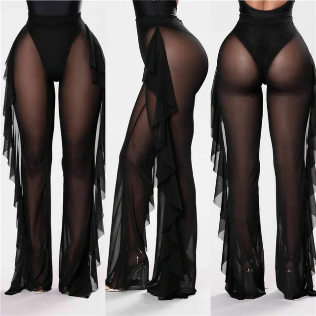 Women Ruffle Pants Beach Swimsuit Cover Up Sheer Bikini Swimwear Sexy Mesh Pants