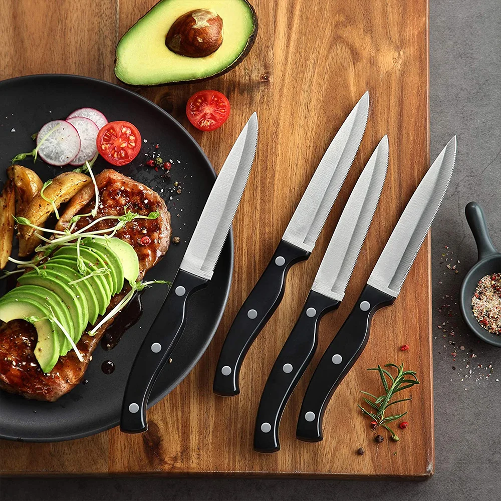 Premium High Quality Luxury Full Tang Serrated Stainless Steel Dishwasher Safe Dinner Knives Plastic Handle Steak Knife Set of 8