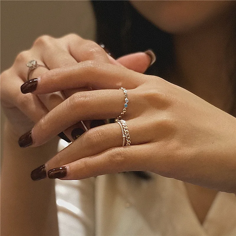 Fj S925silver Sparkling Double Layer Chain Ring Simple Twin Ring Bracelet