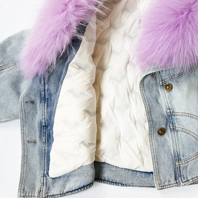 Custom Wholesale Winter Thick Plush Warm Loose Down Jacket Womens Large Raccoon Fur Collar Denim Down Jacket for Women