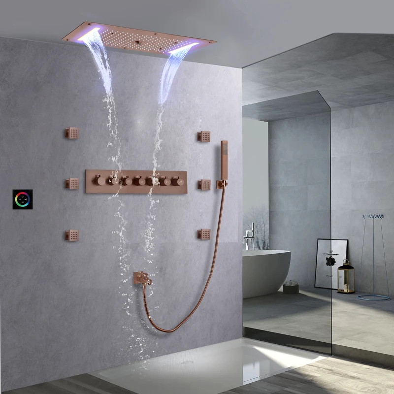 28*15 Inch LED Shower Head Waterfall Rain Fog Ceiling Recessed Bathroom Thermostatic Bath & shower Sets