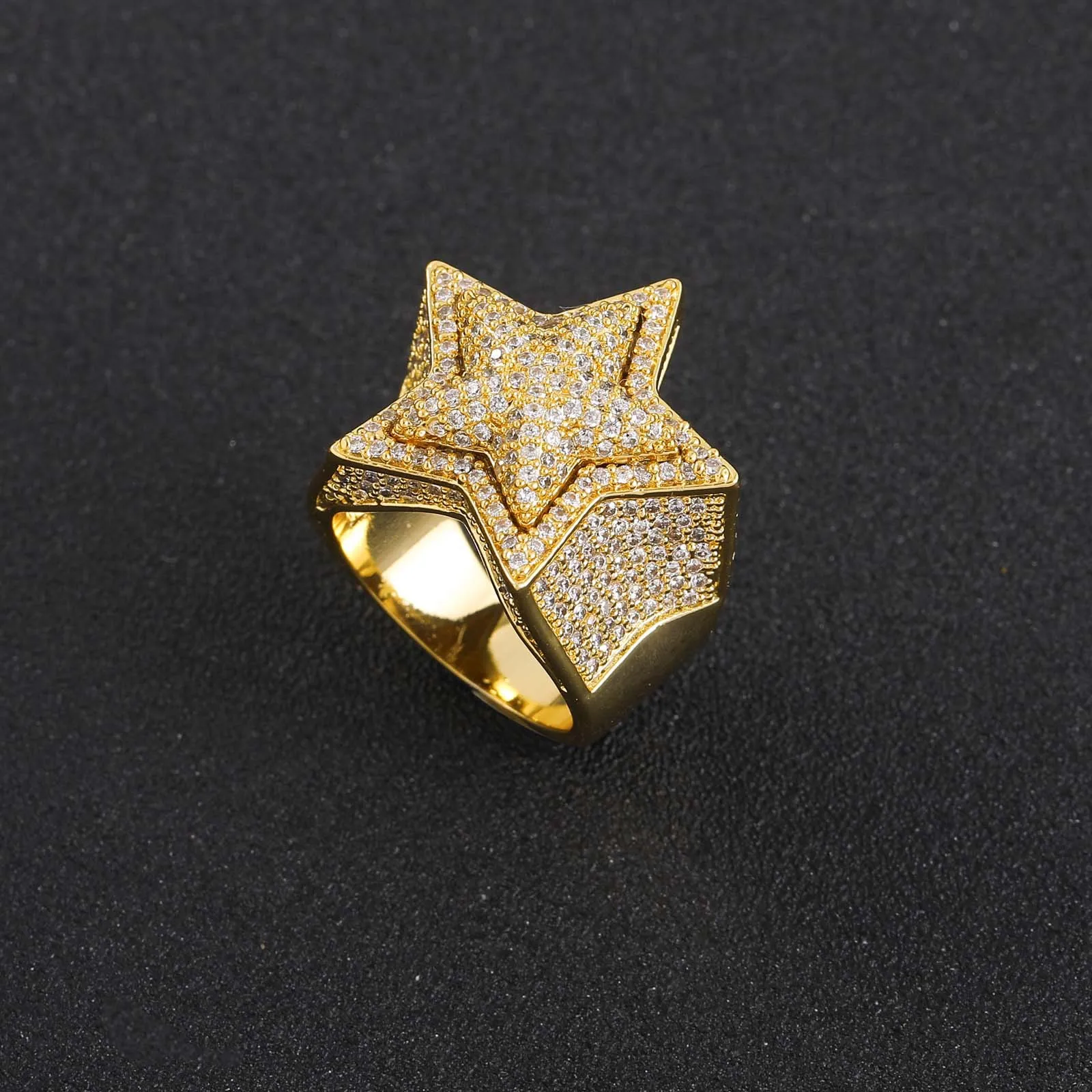 Hip Hop Fashion Luxury Jewelry High Quality Full Pave AAAAA CZ Stone Five Pointed 3D Star Punky Rappers Rings For Men
