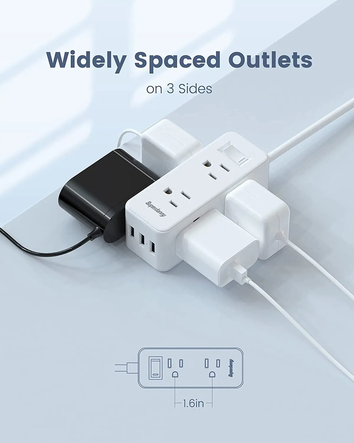 Superdanny Widely Spaced Outlets usb extension socket Surge Protection USB Power Board