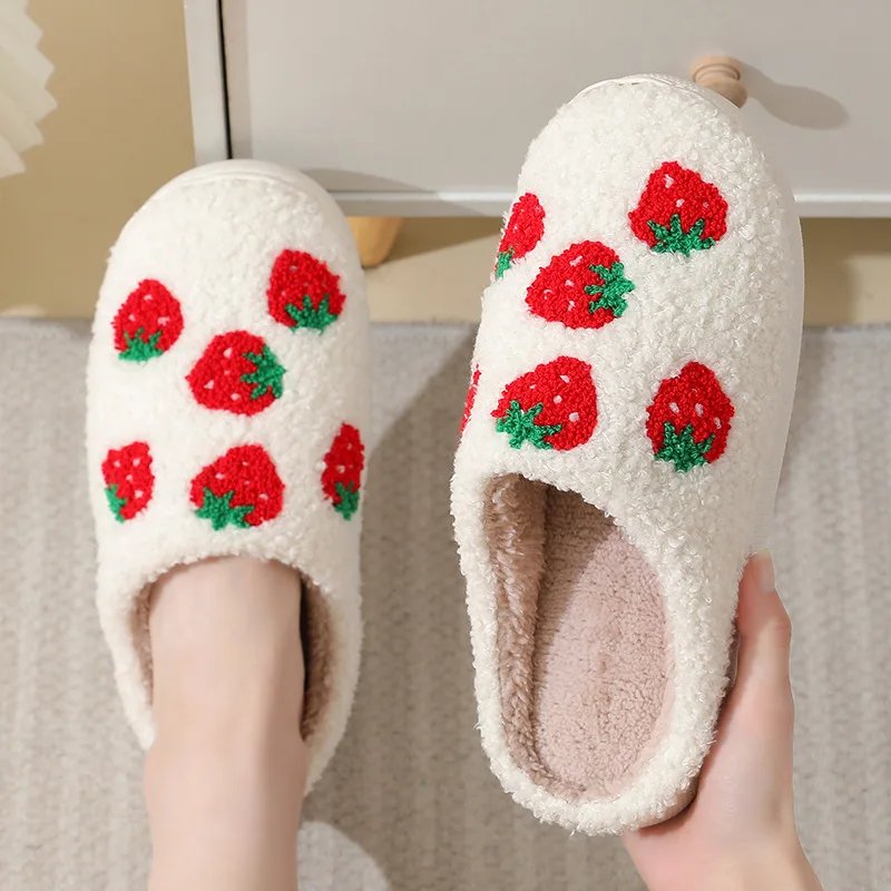 Winter cute cartoon Strawberries plush cotton slippers home indoor warm velvet slippers for women and man