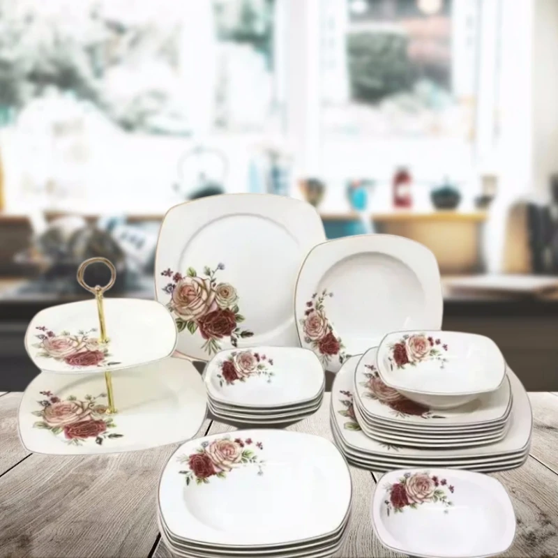 Very hot selling 26 Pcs Bone China Square Dinnerware Plates, dinnerware sets for 6 people