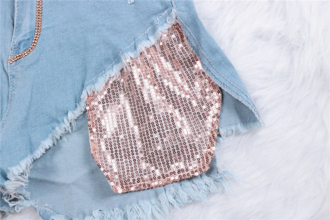 KG0120 Fashion Casual Sequined Pocket Rhine Skinny Jean Stone Washed Ripped Women Denim Jeans Shorts 2022