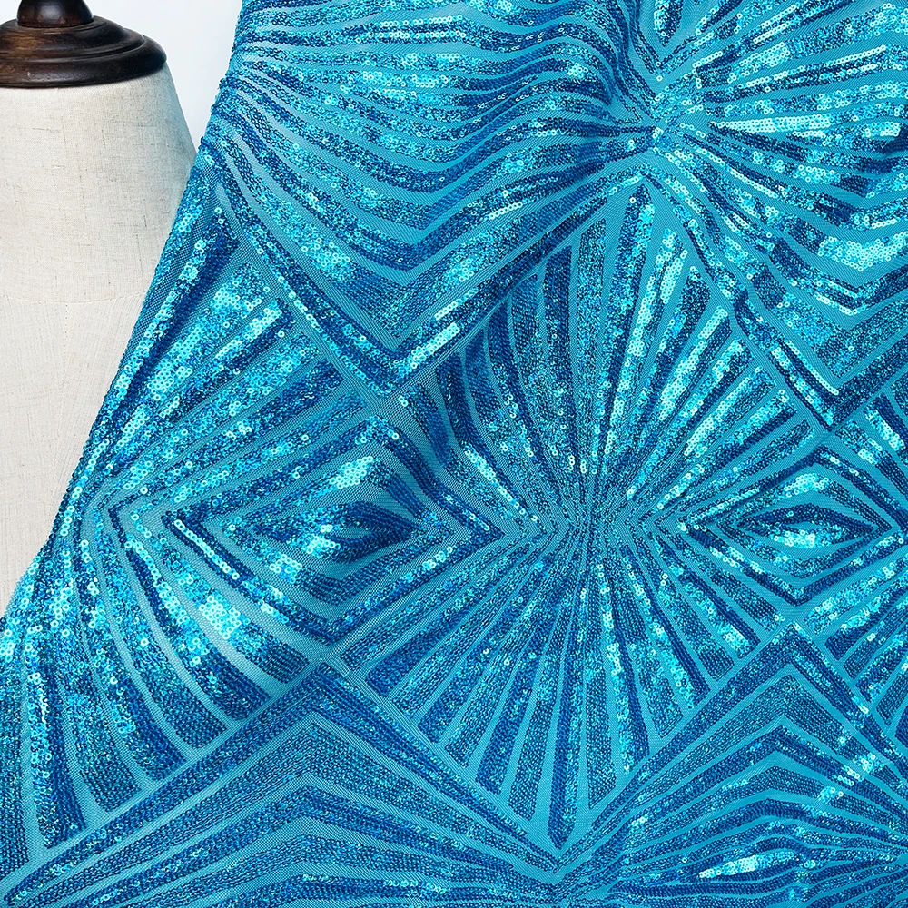 Design China Wholesale 4 Way Stretch Peacock Blue Laser Sequin Tulle Lace Embroidery Sequin Fabric For Skirts