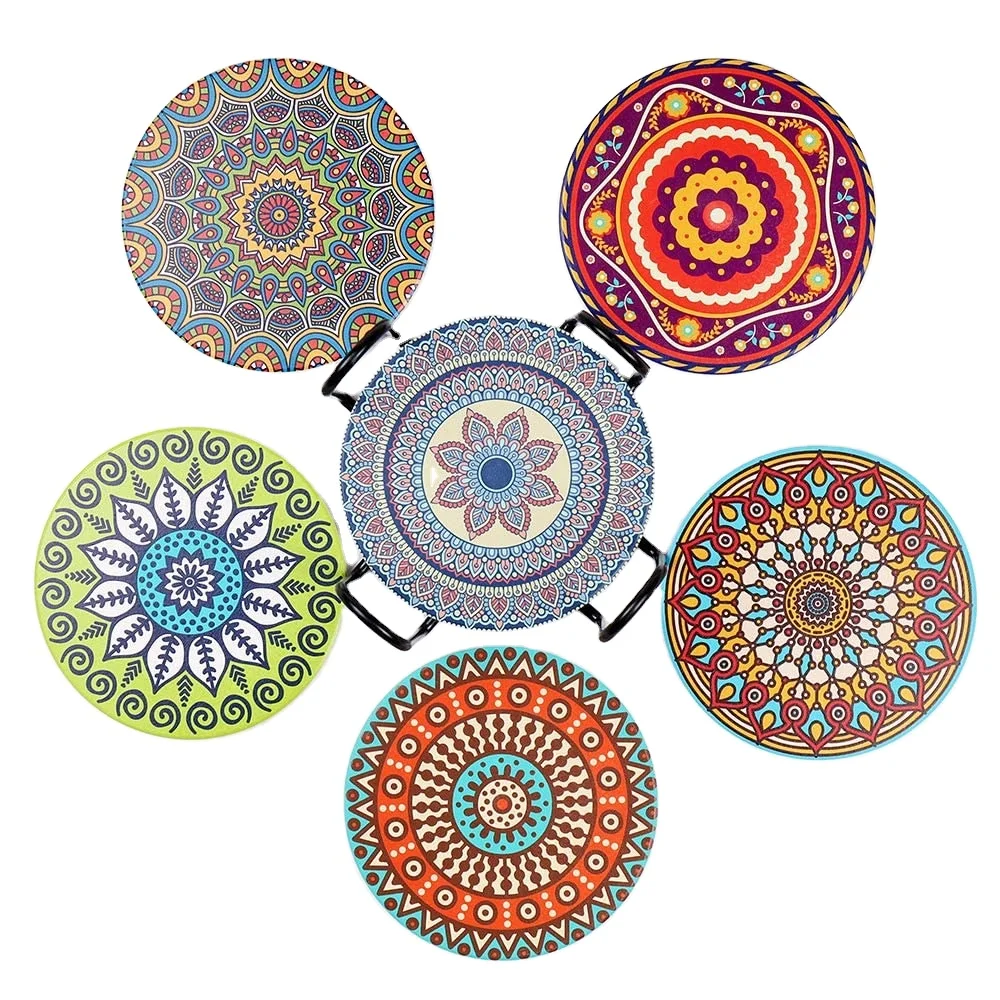 Delicate Printing  Mandala Pattern Absorbent Coasters  Cork Base Ceramic Coasters