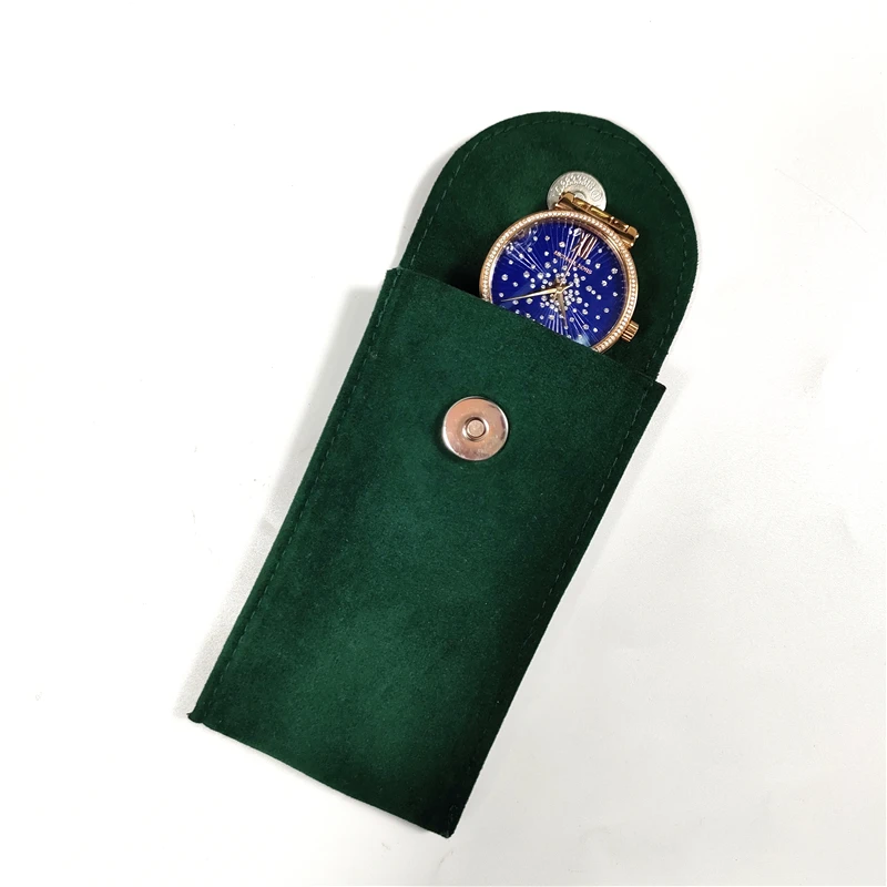Wholesale hot selling free size transparent bag for hand watch case green velvet pouch plastic bag for watch straps